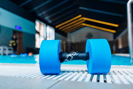 Photo for Sports equipment for aqua aerobics. Blue dumbbells by the swimming pool - Royalty Free Image