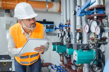 Téléchargez les photos : Ingénieur en gaz travaillant en salle de contrôle vérification de l'eau Distribution - en image libre de droit