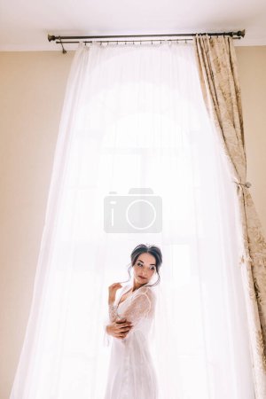 Téléchargez les photos : Belle mariée avec un maquillage à la mode dans une robe en filet sur le fond de la fenêtre. - en image libre de droit