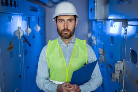 technician worker in white hard hat and green safety vest hold clipboard. Electrician man looking at camera at electric technical blue room.