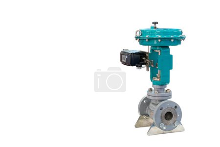 Photo for Globe valve assembly with automatic pneumatic diaphragm actuator control for turn close and open water or liquid conveying in piping system in industrial isolated on white with clipping path - Royalty Free Image