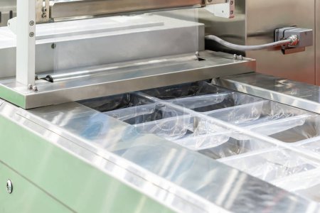 Téléchargez les photos : Machine d'étanchéité et d'emballage alimentaire sous vide à film étirable automatique et continu dans l'industrie alimentaire - en image libre de droit