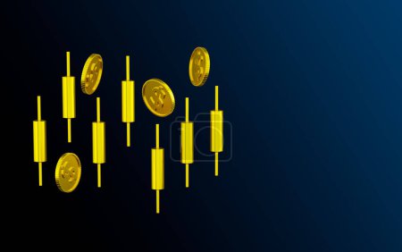 3D rendering gold candlesticks with coins copy space for text with dark background