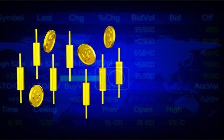 Representación 3D candelabros de oro con monedas borrosas fondo, el crecimiento de las finanzas de negocios concepto, la inversión en acciones, y el éxito económico 