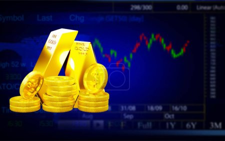 Representación en 3D barras de oro con monedas, gráfico de mercado e ilustración del gráfico fondo borroso, crecimiento de las finanzas empresariales conceptuales, inversión en acciones y éxito económico 