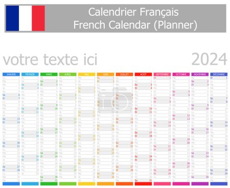 Foto de 2024 French Planner Calendar with Vertical Months on white background - Imagen libre de derechos