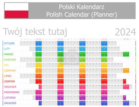 Téléchargez les illustrations : 2024 Polish Planner Calendar with Horizontal Months on white background - en licence libre de droit