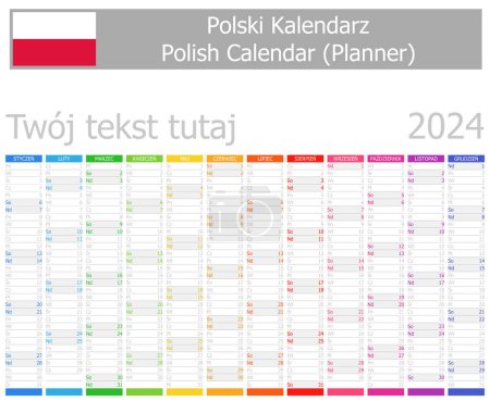Illustration for 2024 Polish Planner Calendar with Vertical Months on white background - Royalty Free Image