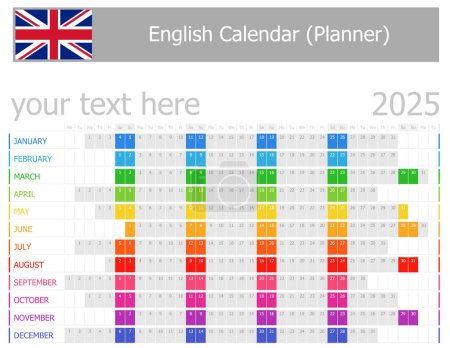 Illustration for 2025 English Planner Calendar with Horizontal Months on white background - Royalty Free Image
