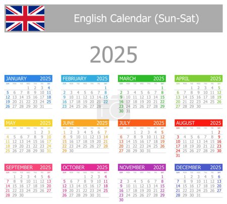 Illustration for 2025 English Type-1 Calendar Sun-Sat on white background - Royalty Free Image