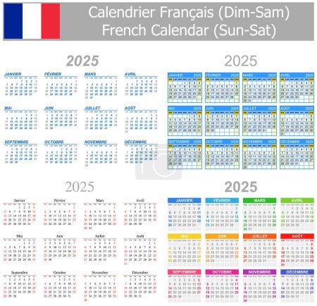 Illustration for 2025 French Mix Calendar Sun-Sat on white background - Royalty Free Image