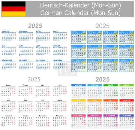 Illustration for 2025 German Mix Calendar Mon-Sun on white background - Royalty Free Image