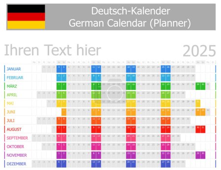 Illustration for 2025 German Planner Calendar with Horizontal Months on white background - Royalty Free Image