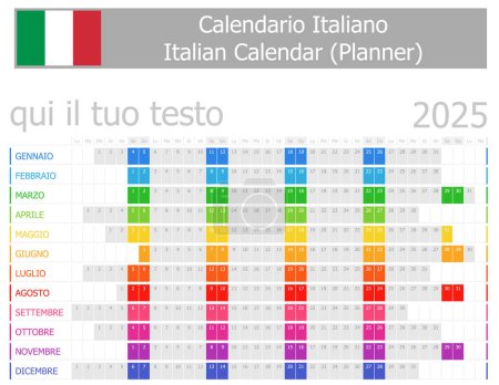 Illustration for 2025 Italian Planner Calendar with Horizontal Months on white background - Royalty Free Image