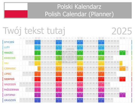 Téléchargez les illustrations : 2025 Calendrier planificateur polonais avec mois horizontaux sur fond blanc - en licence libre de droit