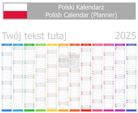 Téléchargez les illustrations : 2025 Calendrier planificateur polonais avec mois verticaux sur fond blanc - en licence libre de droit