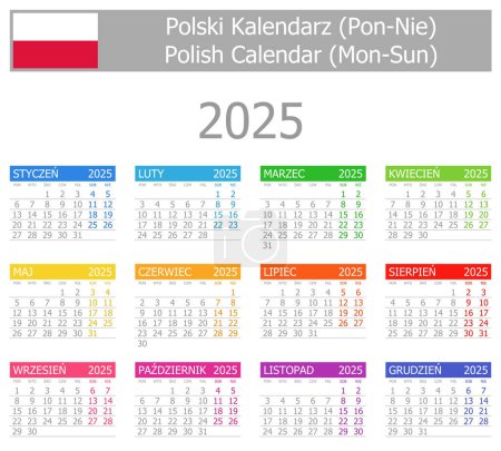 Illustration for 2025 Polish Type-1 Calendar Mon-Sun on white background - Royalty Free Image