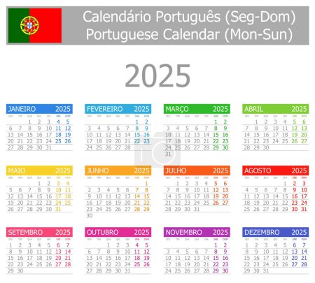 Illustration for 2025 Portuguese Type-1 Calendar Mon-Sun on white background - Royalty Free Image