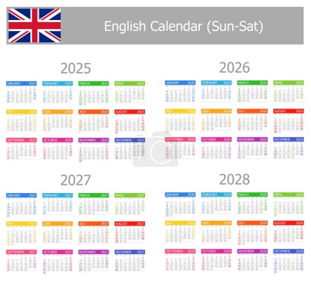 Illustration for 2025-2028 English Type-1 Calendar Sun-Sat on white background - Royalty Free Image