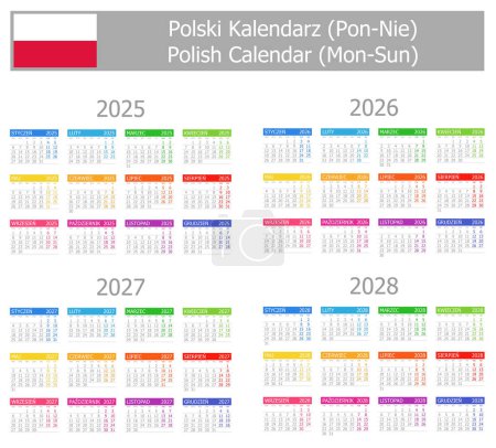 Téléchargez les illustrations : 2025-2028 Polonais Type-1 Calendrier Lun-Dim sur fond blanc - en licence libre de droit