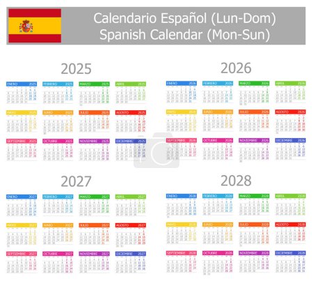 Illustration for 2025-2028 Spanish Type-1 Calendar Mon-Sun on white background - Royalty Free Image