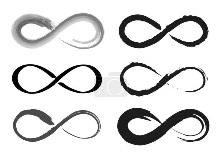 Infinity set icon, Looped Brush Stroke. Curved Dry Brush Stroke. Grunge Distress Textured Design Element. Grungy Black Painted Used As Banner, Template, Logo. Vector isolated on white background 