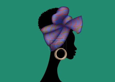 Portrait Afrikanerin trägt Kopftuch für lockige Frisuren. Shenbolen Ankara Kopftuch Frauen. Afro Traditional Headtie Scarf Turban in Stammesblumen Stoffdesign Textur. Vektor isoliert 