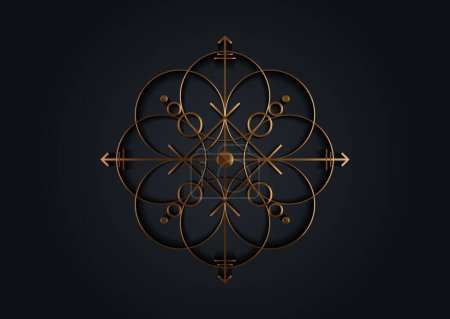 old gold sacred seal of powerful energy, ancient sigil for protection with geometric shapes and mystical arrows, vector golden cross symbol isolated on black background