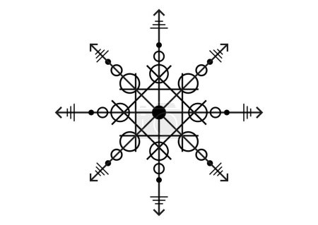 heiliges Siegel mächtiger Energie, sigil zum Schutz mit geometrischen Formen und mystischen Pfeilen, Vektor schwarzes Tätowierungssymbol isoliert auf weißem Hintergrund