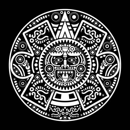 Sagrado calendario de rueda azteca dios sol maya, símbolos mayas máscara étnica, tatuaje blanco marco redondo borde viejo logotipo icono vector ilustración aislado sobre fondo negro 