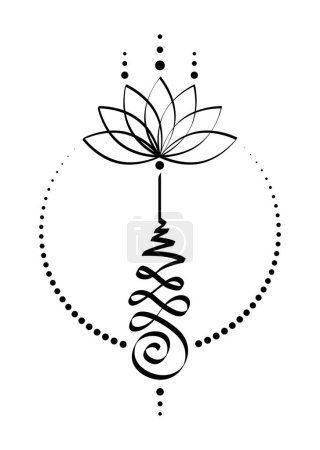 Ilustración de Símbolo unalome flor de loto, signo hindú o budista que representa el camino a la iluminación. Icono de Yantras Tattoo dibujado a mano. Dibujo de tinta simple en blanco y negro, ilustración vectorial aislada - Imagen libre de derechos