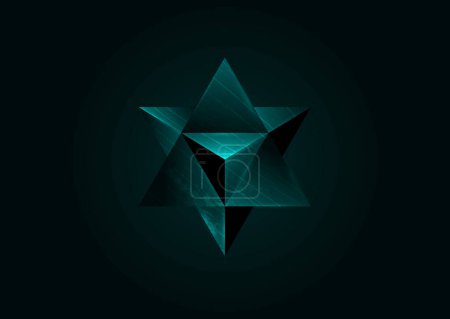 Illustration for Sacred geometry. 3D Merkaba  geometric triangle shape. esoteric or spiritual symbol. isolated on black background. Star tetrahedron icon. Dark Green Light spirit body, wicca esoteric divination - Royalty Free Image