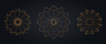 Illustration for Set gold Sacred Mandala, Luxurious Abstract Geometric Golden circle Mandala Logo Concept Vector Set Bundles, Sacred Geometry isolated on black background - Royalty Free Image