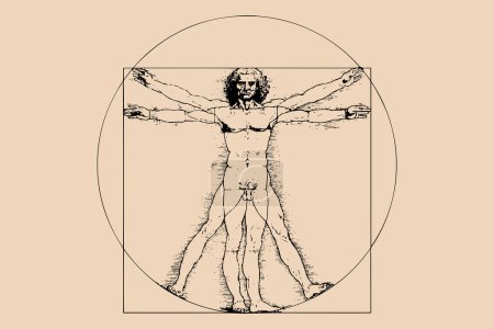 Téléchargez les illustrations : Vitruvian Man by Leonardo Da Vinci - vector illustration isolated on old background - en licence libre de droit
