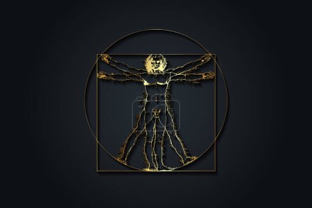 Téléchargez les illustrations : Vitruvian Man par Leonardo Da Vinci - texture or de luxe, illustration vectorielle isolée sur fond noir - en licence libre de droit