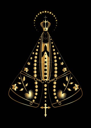 Téléchargez les illustrations : Notre-Dame est apparu texture noire et or, Vierge Marie Immaculée illustration vectorielle isolé sur fond noir de luxe - en licence libre de droit