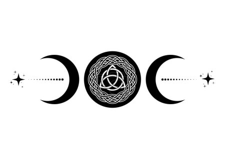 Téléchargez les illustrations : Triple Moon Religious wiccan sign. Wicca Triquetra logo Neopaganism symbol, celtic knot Triple Goddess icon tattoo, Goddess of the Moon, Crescent, half, full moon vector isolated on white background - en licence libre de droit