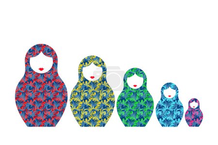 Ilustración de Muñecas rusas anidando Matryoshka. Muñeca Babushka. Matryoshka conjunto de la familia con colorido ornamento floral moderno, ilustración vectorial aislado o fondo blanco - Imagen libre de derechos