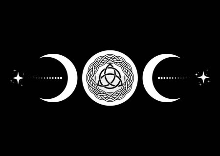 Dreifacher Mond Religiöser Zauberer. Wicca Triquetra Logo Neopaganismus Symbol, keltischer Knoten Dreifache Göttin Symbol Tätowierung, Göttin des Mondes, Halbmond, Vollmond Vektor isoliert auf schwarzem Hintergrund