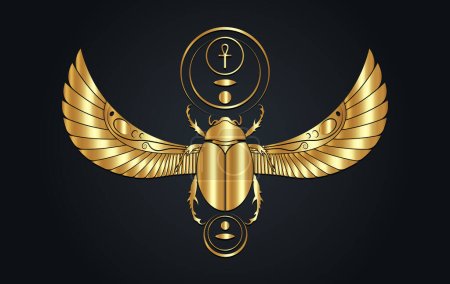 Gold egyptian sacred Scarab wall art design. Beetle with wings. Vector illustration golden logo, personifying the god Khepri. Luxury symbol of the ancient Egyptians. Isolated on black background 