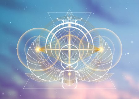 Egyptian Planetary sacred geometry, Scarab beetle gold lines overlap, triangles shape on circles. Orbits of divine energy. Alchemy, magic, esoteric, occultism symbols. Golden cross vector illustration