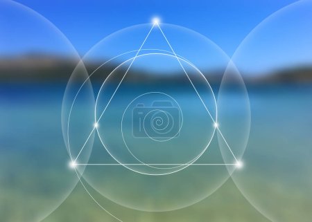 Illustration for Interlocking circles, triangles and spirals hipster sacred geometry illustration with golden ratio, fibonacci spiral. Vector isolated on blue sea landscape background. - Royalty Free Image