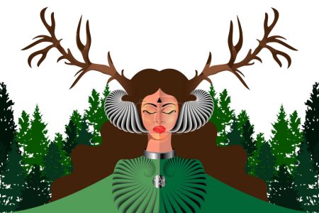 Téléchargez les illustrations : Déesse celtique des bois. Portrait de la belle femme dans une coiffe à cornes. Déesse païenne aux yeux fermés, caractère mythique. Prêtresse nordique Sorcière, sorcière, spiritualité, symbole de l'occultisme - en licence libre de droit