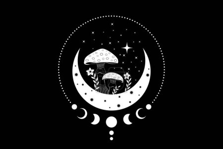 Téléchargez les illustrations : Champignons boho mystiques célestes, Amanita Muscaria magique avec lune et étoiles, symbole de sorcellerie, tatouage ésotérique sorcière logo, phase de lune, champignons éléments floraux, champignon. Clipart de wiccan ésotérique - en licence libre de droit
