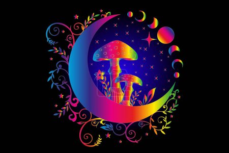Illustration for Celestial Mystical boho mushrooms, magic Amanita Muscaria with moon and stars, witchcraft symbol, witchy esoteric Psychedelic concept. Party rave, trance music, Moon Phase, floral elements on black - Royalty Free Image