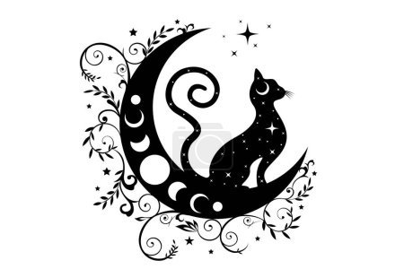Mystical black cat over celestial crescent moon and moon phases, witchcraft symbol, witchy esoteric logo tattoo. Vector esoteric wiccan clipart in boho style isolated on white background