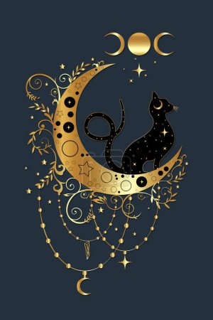 Chat noir mystique au-dessus du croissant de lune céleste et de la triple déesse, symbole de sorcellerie, logo ésotérique en or sorcier. Clipart wiccan de luxe vectoriel doré en style boho isolé sur fond bleu