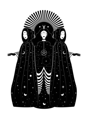Triple déesse mystique, prêtresses en manteau magique. Belles femmes féeriques avec robe longue céleste. Gothique sorcière wiccan conception sacrée féminine. Vecteur isolé sur fond blanc style art déco