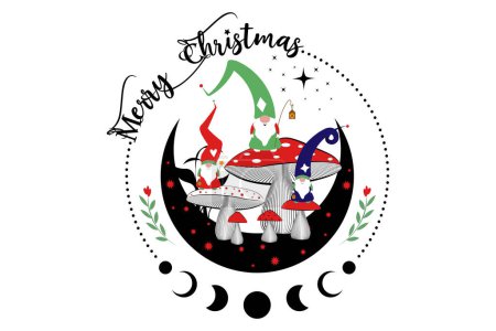 Téléchargez les illustrations : Magic Gnomes dans les bois mystiques de champignons sur le croissant de lune et les étoiles. Symbole du concept de Noël, champignons ésotériques sorciers et phases de lune. Jardin magique troll conte de fées caractère. Vecteur isolé - en licence libre de droit