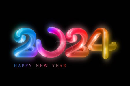 Ilustración de Feliz año nuevo 2024 banner de color brillante tubo de neón. Happy Holiday Glowing Festive Números luminosos en diseño multicolor, ilustración vectorial aislada sobre un fondo negro - Imagen libre de derechos